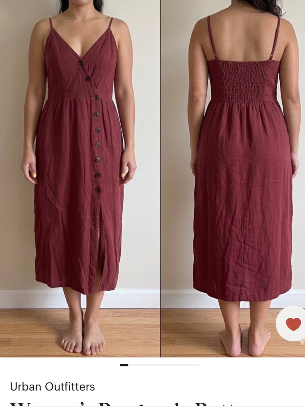 Urban Outfitters Fall Burgundy Button-Front Midi Dress with Spaghetti Straps